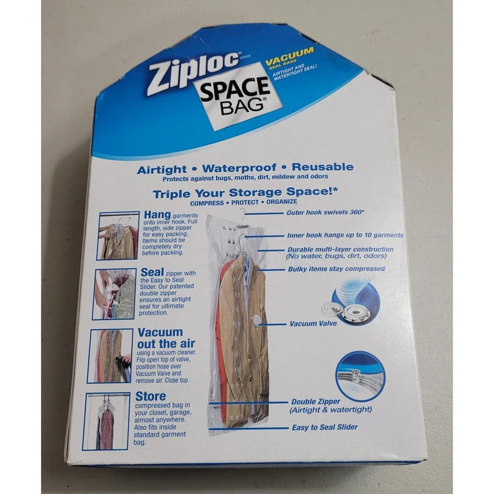 Ziploc Space Bag Hanging Vacuum Seal Suit Size 27.75x41 holds 10 Garments NEW